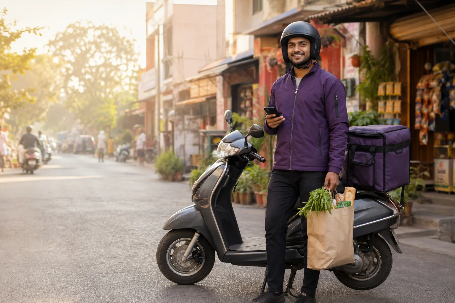 Sabu delivery partner with a scooter in a local neighbourhood